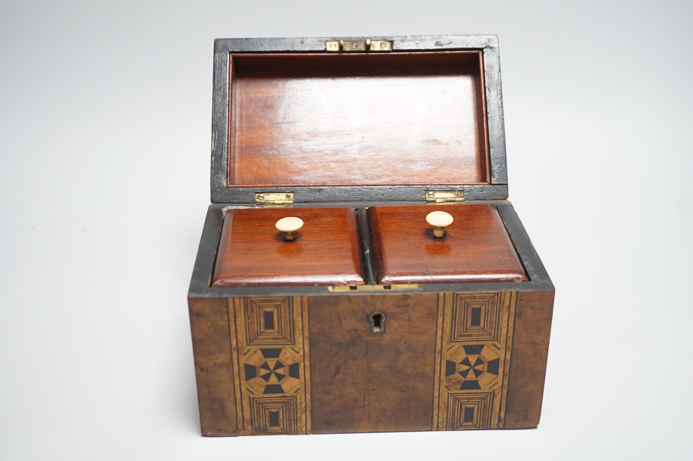 A Victorian burr walnut inset tea caddy, 20 cm wide, the lids with bone knobs